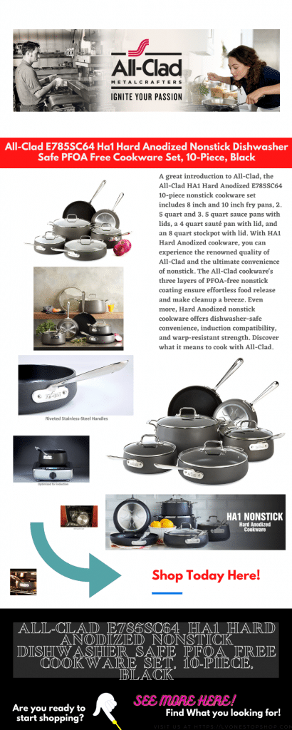 All-Clad E785SC64 Ha1 Hard Anodized Nonstick Dishwasher Safe PFOA Free Cookware Set, 10-Piece, Black