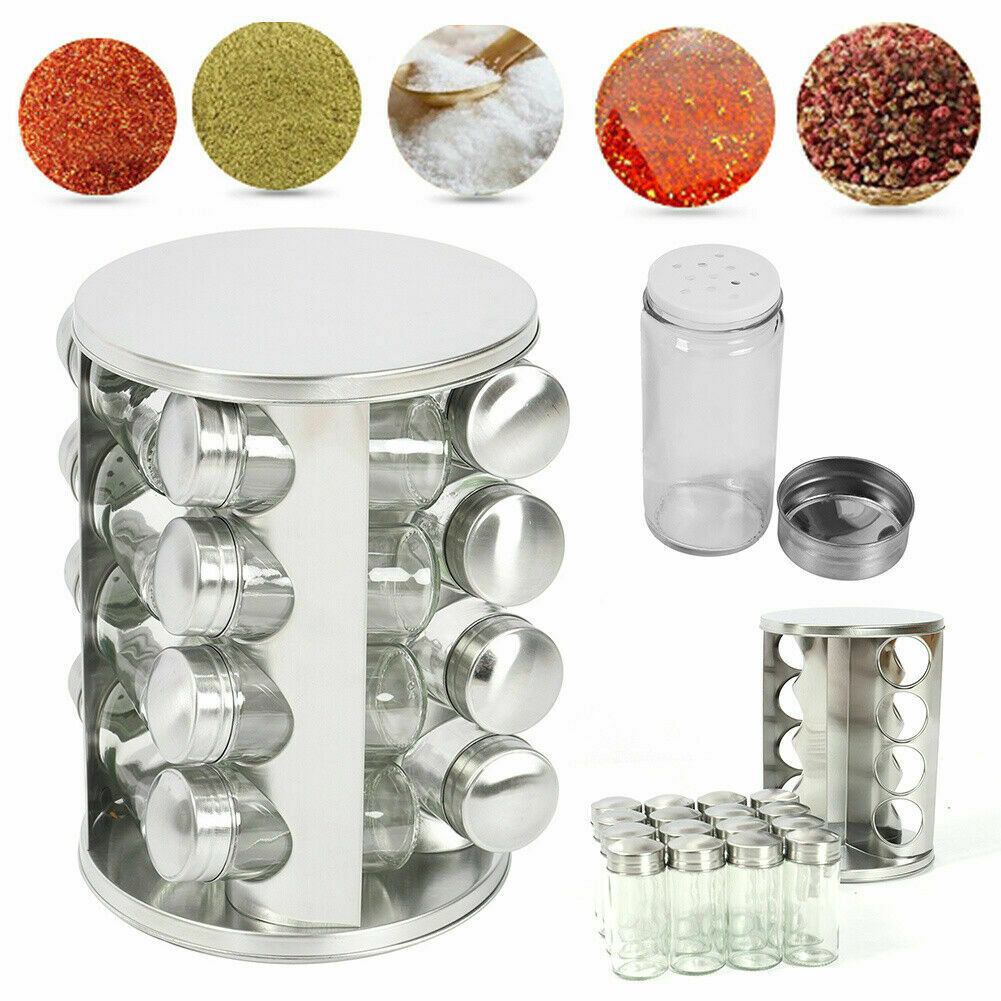 16 Pieces Set Revolving Rotating Spice Rack Glass Herb Jars Cruet Condiment BNIB