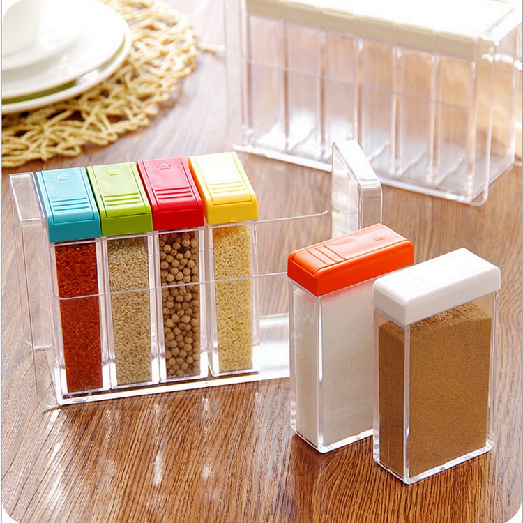 6pcs/set Transparent Spice Jar Simple Colorful Lid Seasoning Box Kitchen Tools Salt Condiment Cruet Storage Box