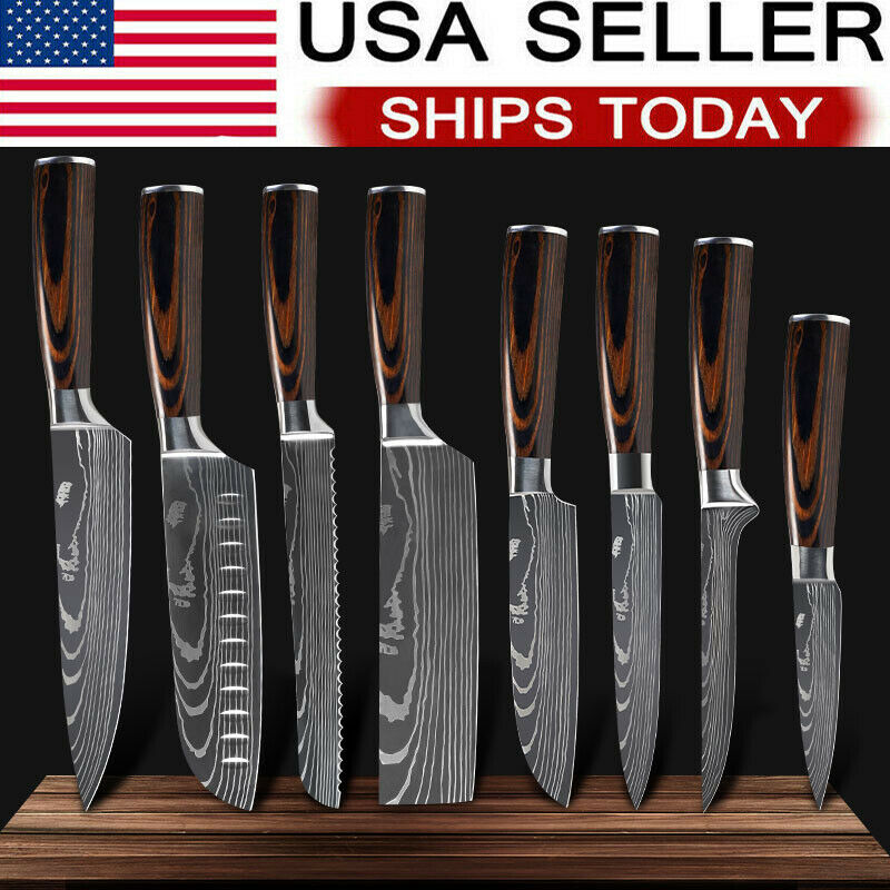 8 Piece Kitchen Knives Set Japanese Damascus Style Stainless Steel Chef Knife