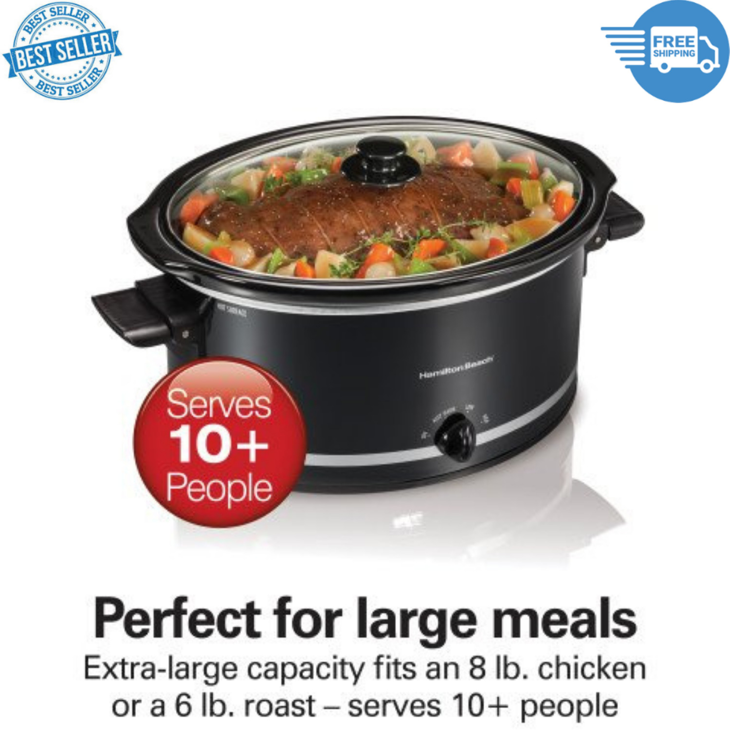 8 Quarts Extra - Large Slow Cooker Crock Pot Oval Crockpot Black Serves 10+
