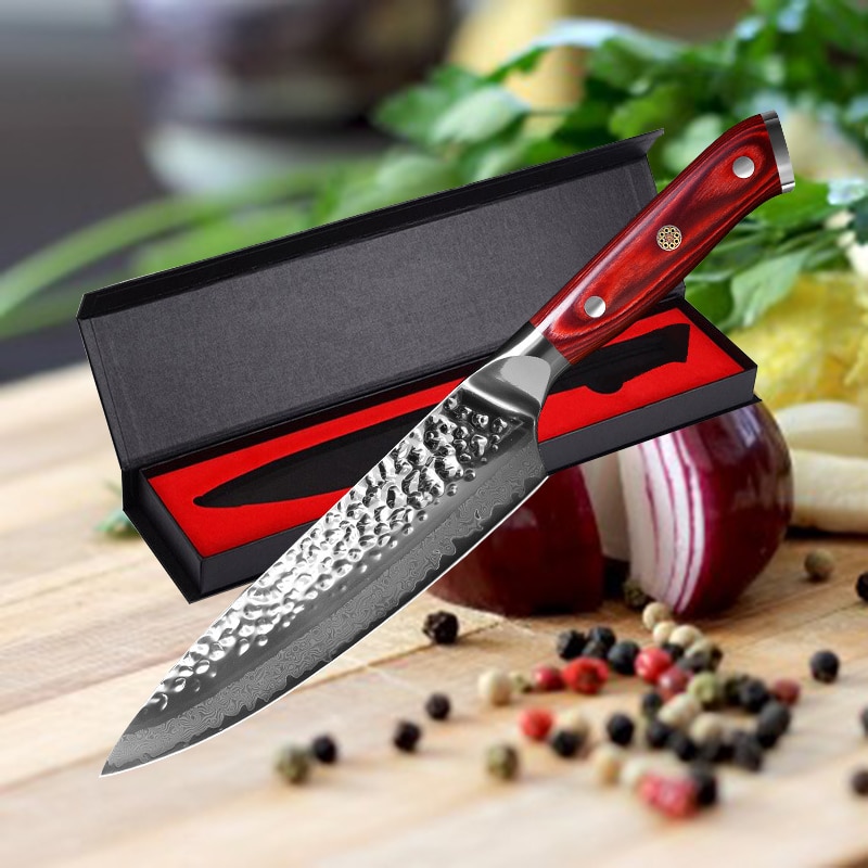 8inch Damascus Knife Professional sharp Chef Knife 67 layers Damascus Steel Kitchen Knives with Red Pakka Wood Handle