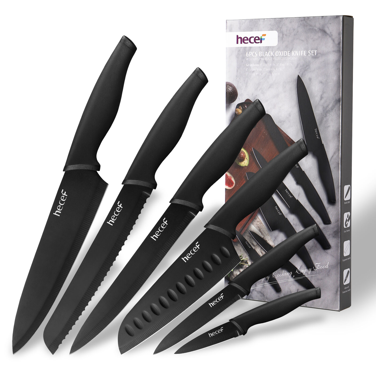 Black Kitchen Knife Set 6Pcs Japanese Chef Santoku Utility Sharp Knives w/ Cover