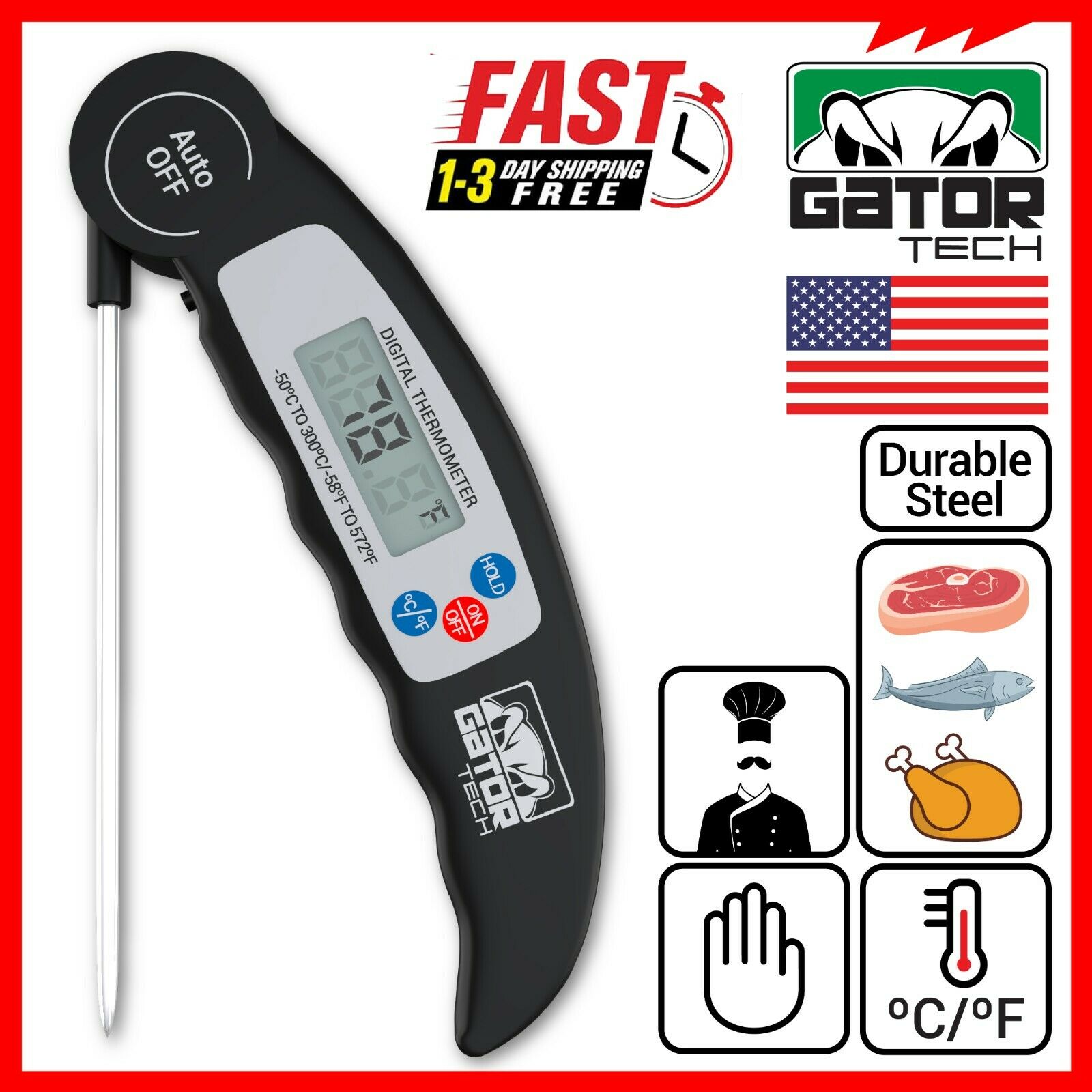 Digital Electronic Food Meat Thermometer LED Kitchen Cooking BBQ Grill Foldable