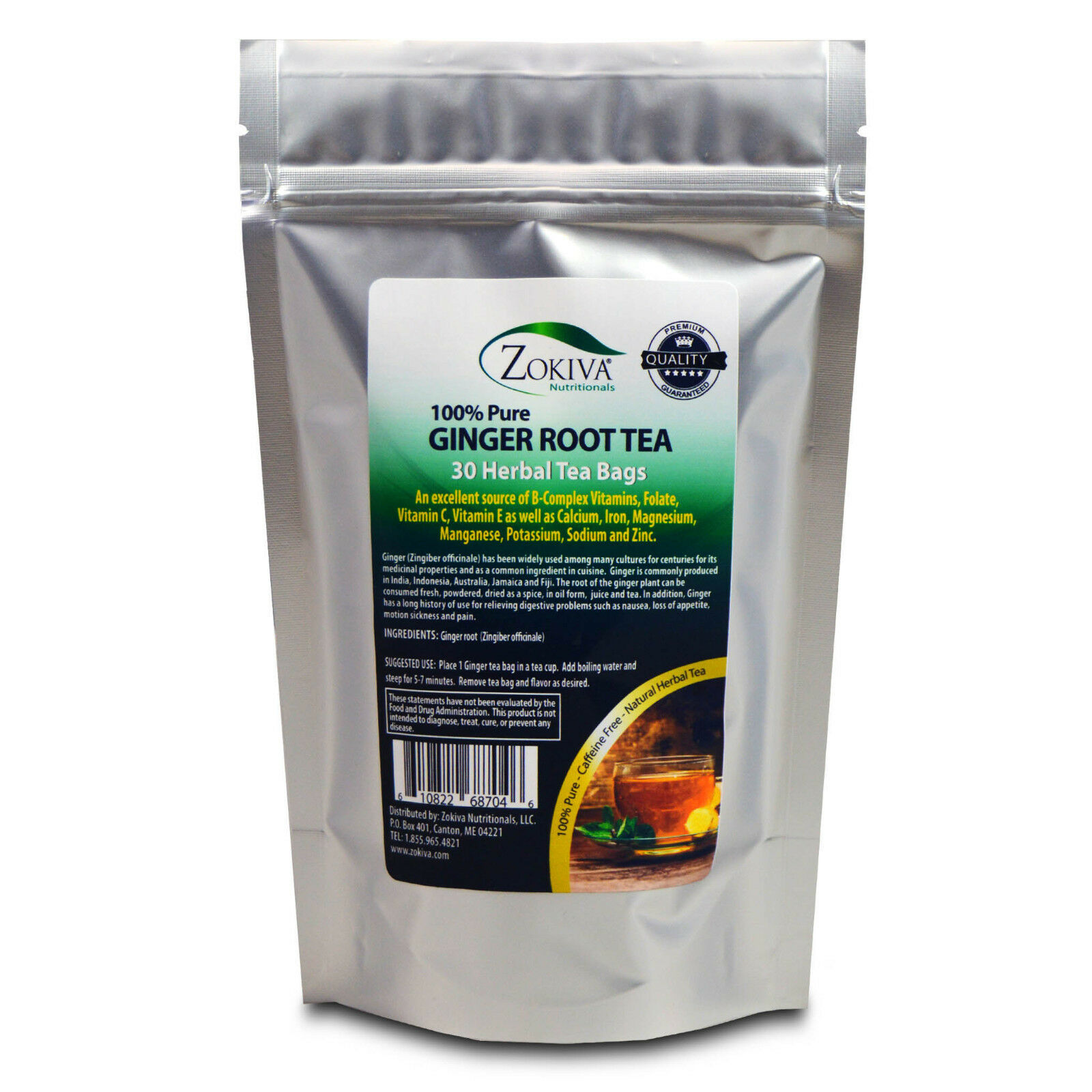 Ginger Tea 100% Pure Root (30 Premium Bags) All-Natural Caffeine Free Herbal Tea