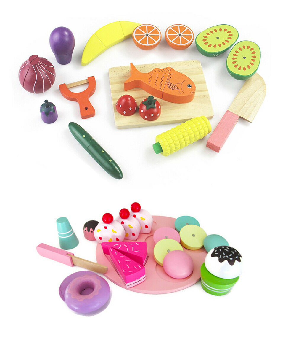 Montessori Wood Pretend Play Food Toy Fruit Vegetables Cake Kitchen Set for Kids