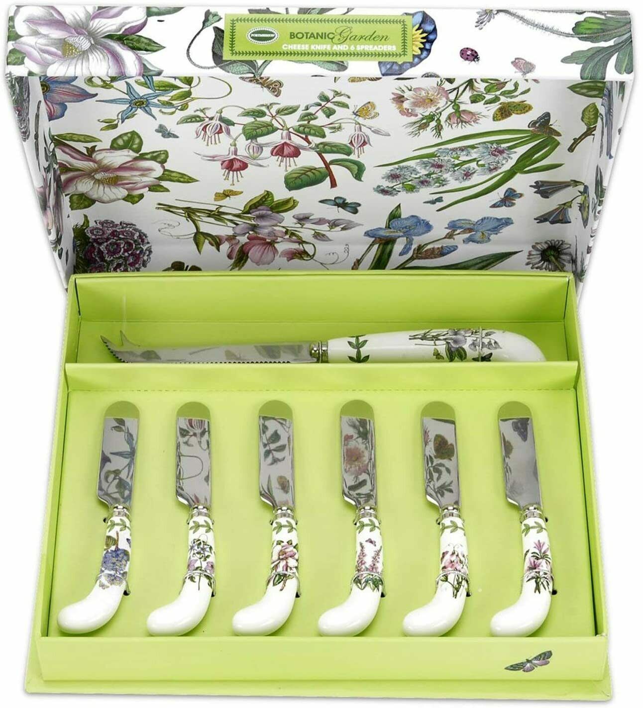 Portmeirion Botanic Garden Cheese Knife & 6 Spreaders, Porcelain Handles