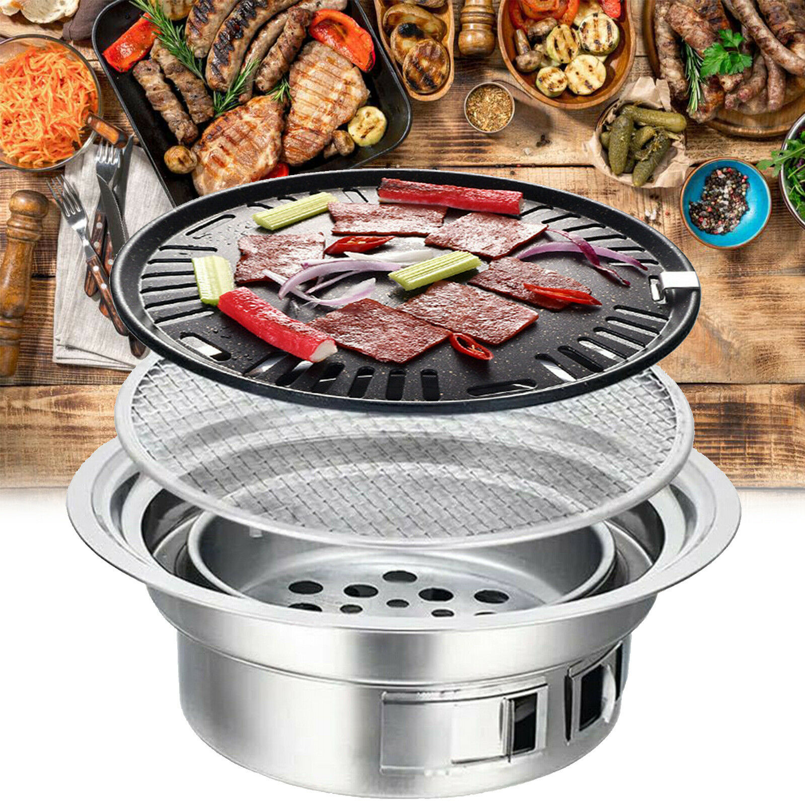 Round Grill Portable Smokeless Non Stick Cooking BBQ Griddle Outdoor & Indoor