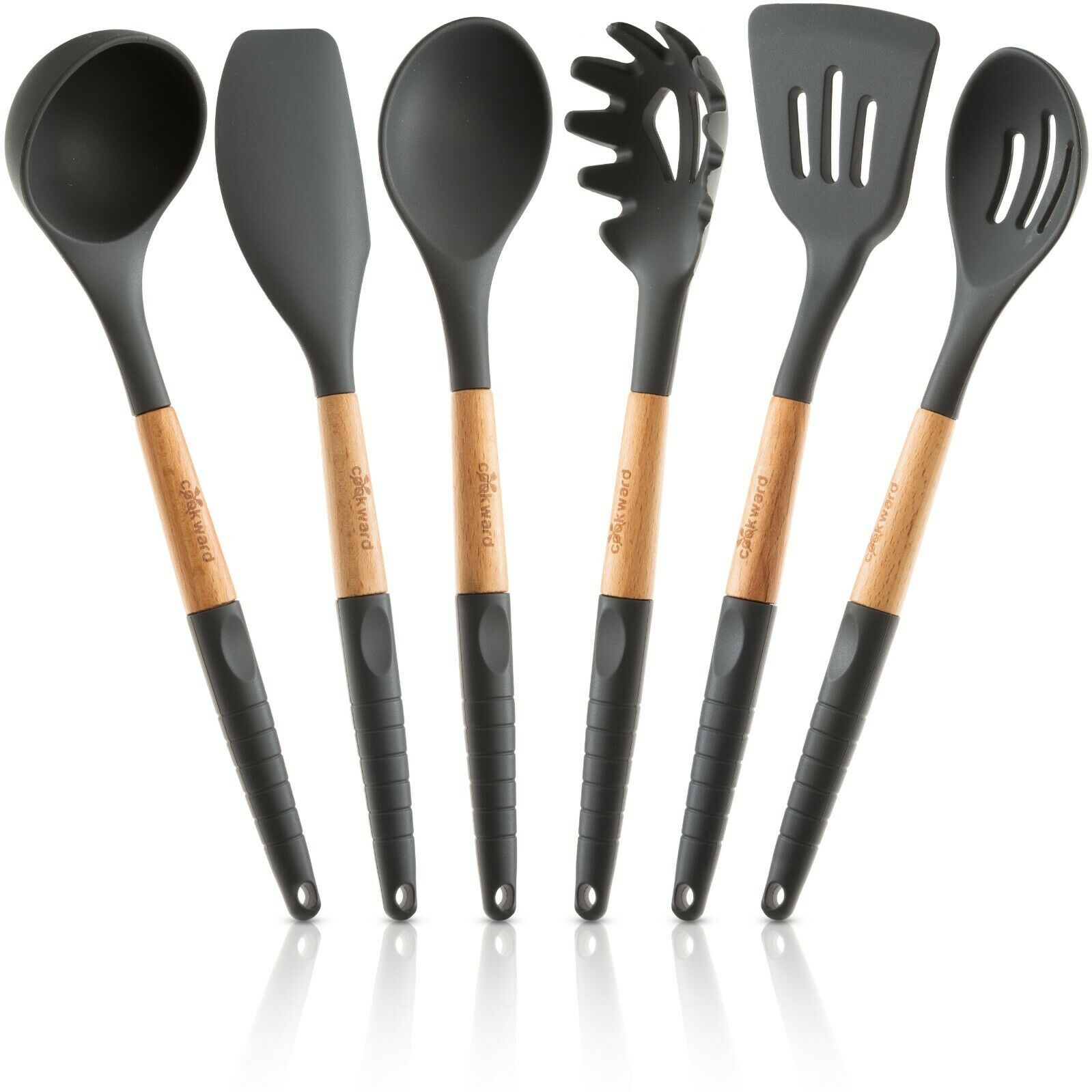 Silicone Kitchen Utensils Set (6 pcs): Natural Wood Cooking Tools, Non Scratch