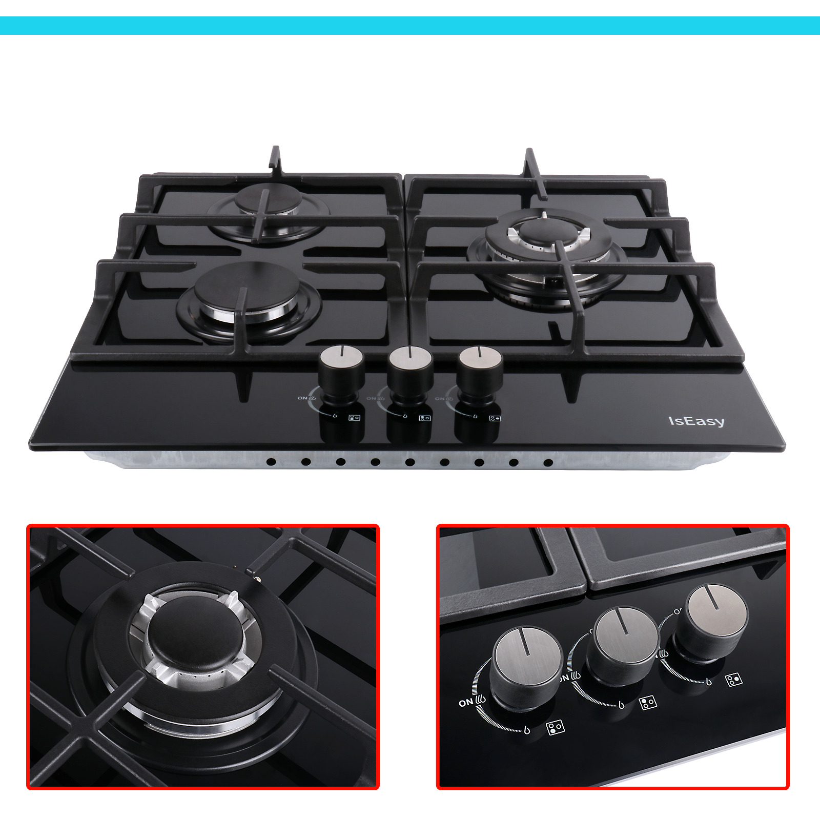 24" Gas Cooktop Stove Top 3 Burners Tempered Glass Built-In LPG/NG Gas Cooktops
